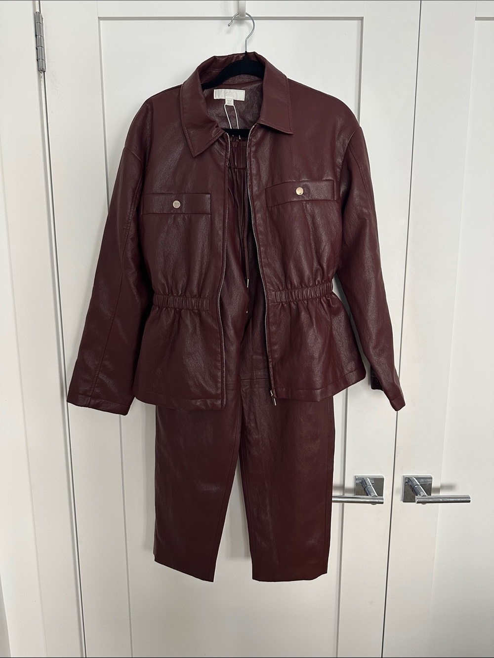 Women's Faux Leather Jacket in Bordeaux with Elastic Waist + Matching Pants